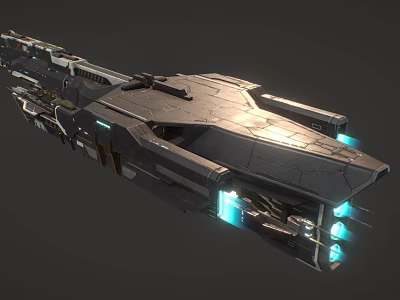 Futuristic Sci Fi Spaceship With Metallic Structure And Blue Illuminated Lights 3d model