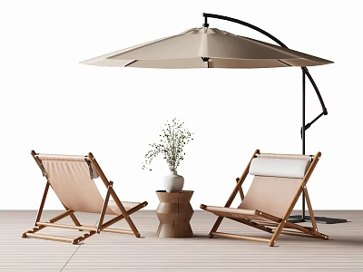 Comfortable Outdoor Chairs With Wooden Frame Beige Umbrella Side Table And Vase On Wooden Deck 3d model