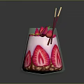 Refreshing Layered Beverage in Transparent Glass with Pink White Layers Nuts Strawberry Slices and Green Leaves