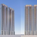 Two Modern High Rise Residential Buildings Exterior With Balconies And Glass Facades
