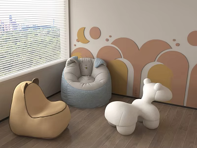 Beige Blue White Bean Bag Chairs Horse Shaped On Wooden Floor By Window Wall Art 3d model
