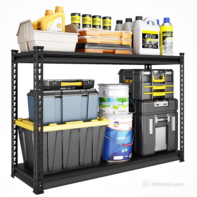 Black Metal Shelf with Gray Yellow Storage Bins White Buckets and Toolboxes for Organizing 3d model 