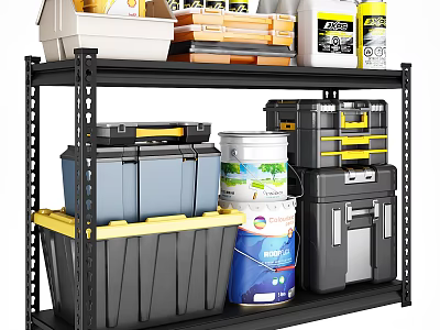 Black Metal Shelf with Gray Yellow Storage Bins White Buckets and Toolboxes for Organizing 3d model