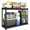 Black Metal Shelf with Gray Yellow Storage Bins White Buckets and Toolboxes for Organizing