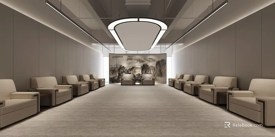 Single Sofas Arranged Along Both Sides In Spacious Room With Landscape Painting 3d model 