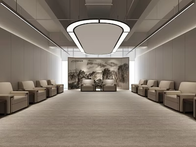 Single Sofas Arranged Along Both Sides In Spacious Room With Landscape Painting 3d model