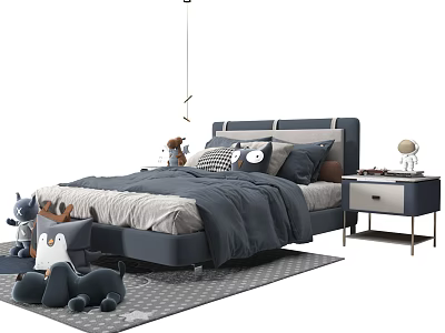 Cozy Modern Kids Bed With Blue Upholstered Headboard Bedding Pillows And Stuffed Toys 3d model