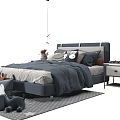 Cozy Modern Kids Bed With Blue Upholstered Headboard Bedding Pillows And Stuffed Toys