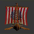 Ancient Warship With Red White Sails Decorative Bow Oars And Shield Details