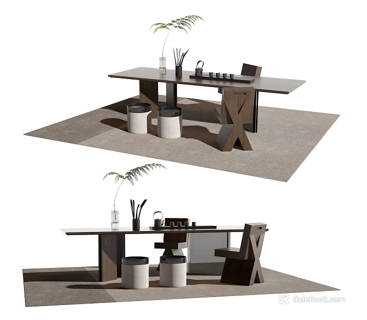 Modern Rectangular Wooden Tea Table and Chairs with Round Stools Vase and Tea Set 3d model