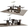 Modern Rectangular Wooden Tea Table and Chairs with Round Stools Vase and Tea Set 3d model