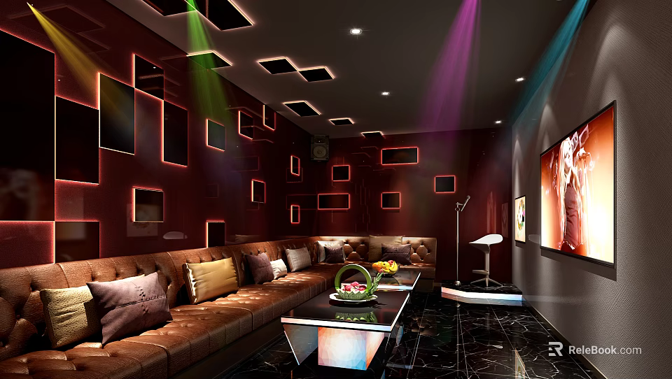 Luxurious Modern KTV Interior With Comfortable Sofa Coffee Table TV And Colorful Lighting 3d model 