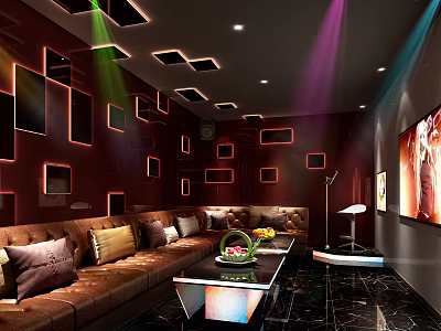 Luxurious Modern KTV Interior With Comfortable Sofa Coffee Table TV And Colorful Lighting 3d model