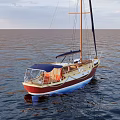 Red And Blue Sailboat Yacht With Tall Mast And Wooden Deck On Sea