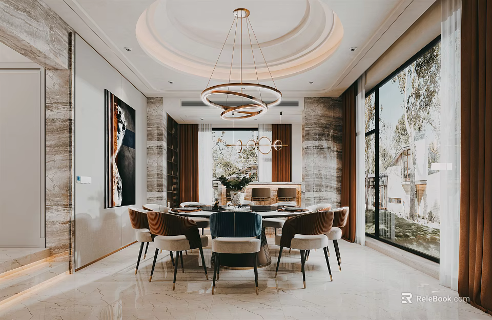 Luxury Restaurant with Round Dining Table Chandeliers Floor to Ceiling Windows Marble Walls and Chairs 3d model 