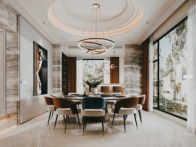 Luxury Restaurant with Round Dining Table Chandeliers Floor to Ceiling Windows Marble Walls and Chairs 3d model