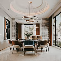 Luxury Restaurant with Round Dining Table Chandeliers Floor to Ceiling Windows Marble Walls and Chairs