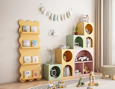 Colorful Kids Bookshelf Wavy And Tiered With Books Toys House Model In Kids Room Interior 3d model