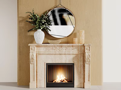 Elegant Fireplace With Marble Mantel Round Mirror And Decor 3d model