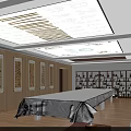 Traditional Chinese Study Room With Long Table Wooden Bookshelves And Calligraphy Scrolls