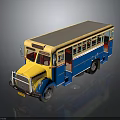Vintage Yellow And Blue Toy Bus Model With Gray Roof And Open Doors