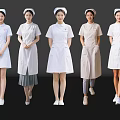 Women Nurses In Different White Uniform Styles With Caps Standing Against Black Background