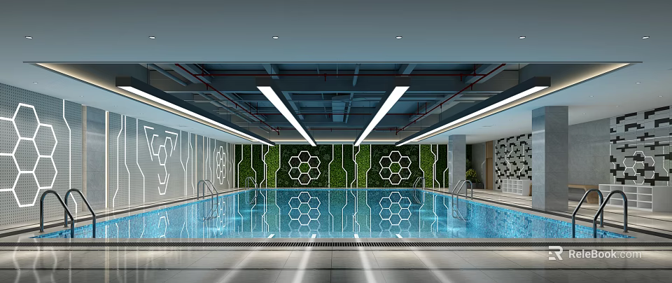 Indoor Swimming Pool With Green Plant Decor Hexagonal Patterns And Strip Lights 3d model