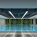 Indoor Swimming Pool With Green Plant Decor Hexagonal Patterns And Strip Lights 3d model