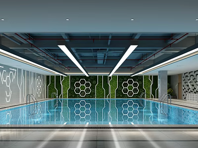 Indoor Swimming Pool With Green Plant Decor Hexagonal Patterns And Strip Lights 3d model