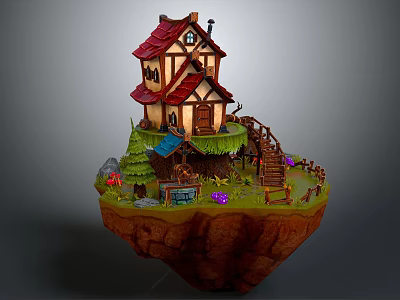 Fairy Tale Cartoon Style Floating Island Wooden Cottage With Red Roof Staircase Fence And Flowers 3d model