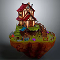 Fairy Tale Cartoon Style Floating Island Wooden Cottage With Red Roof Staircase Fence And Flowers