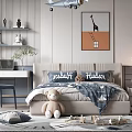 Modern Kids Room Design With Bed Desk Chair Teddy Bear Airplane Chandelier And Artwork