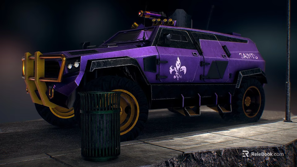 Purple Armored Vehicle with Yellow Wheels and White Emblem Near Trash Can in Dark Setting 3d model 