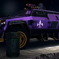 Purple Armored Vehicle with Yellow Wheels and White Emblem Near Trash Can in Dark Setting