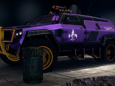 Purple Armored Vehicle with Yellow Wheels and White Emblem Near Trash Can in Dark Setting 3d model