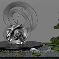 Metallic Spiral Garden Sculpture On Black Platform With Water Lily Pads And Shaped Green Tree