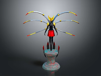 3D Fantasy Sculpture With Black Body Red Skirt Mechanical Arms Yellow Headpiece And Decorative Base 3d model