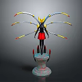 3D Fantasy Sculpture With Black Body Red Skirt Mechanical Arms Yellow Headpiece And Decorative Base