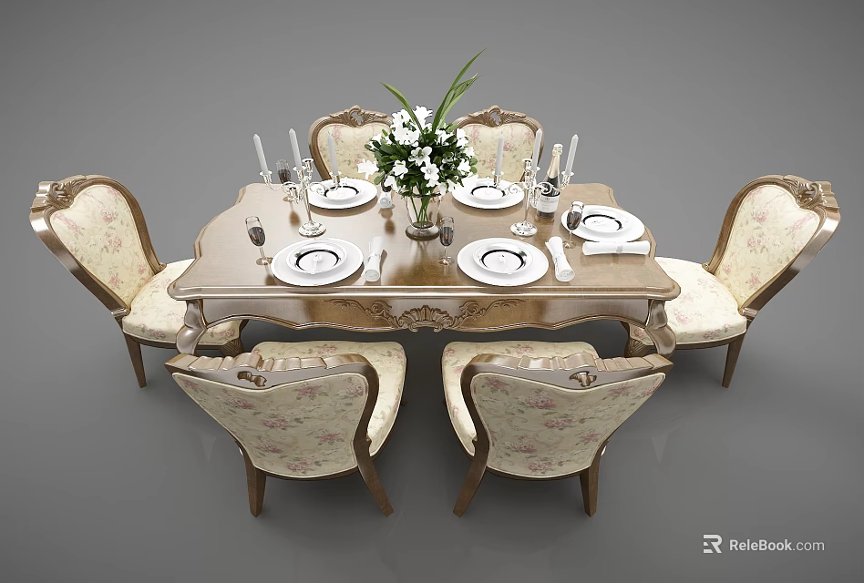 Vintage Wooden Dining Table Set with Floral Patterned Chairs and Decorative Vase Tableware Candles 3d model 
