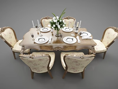 Vintage Wooden Dining Table Set with Floral Patterned Chairs and Decorative Vase Tableware Candles 3d model