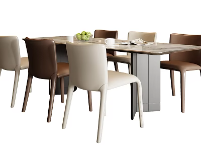 Modern Minimalist Dining Table Set With Beige And Brown Chairs Fruit Cup And Magazine 3d model