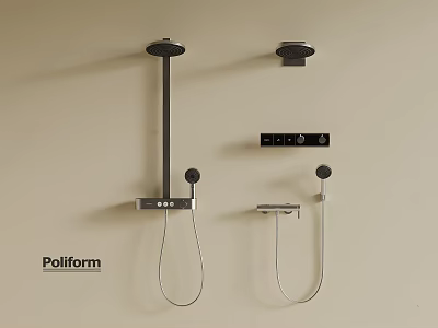 Modern Poliform Shower System with Overhead Handheld Sprayers and Control Knobs Wall Mounted Design 3d model