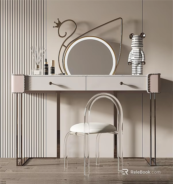 Elegant Modern Dressing Table Interior With Round Mirror Drawers And Acrylic Chair 3d model
