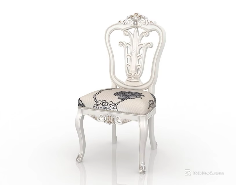 Ornate Dining Chair With Carved Backrest White Frame And Upholstered Patterned Seat 3d model 