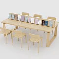 Modern Light Wood Dining Table Set With Six Chairs And Colorful Books
