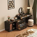 Modern Black Dressing Table With Mirror Lamp Drawers Stool And Decorative Items In Bedroom