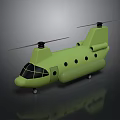 Green Helicopter with Dual Rotors Round Windows and Streamlined Fuselage on Dark Background with Reflection