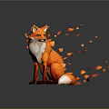 Orange White Fox Sitting On Black Background With Falling Leaves And Reflection 3d model