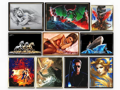 Diverse Character Paintings Collection With Portrait And Scene Artworks In Frames 3d model