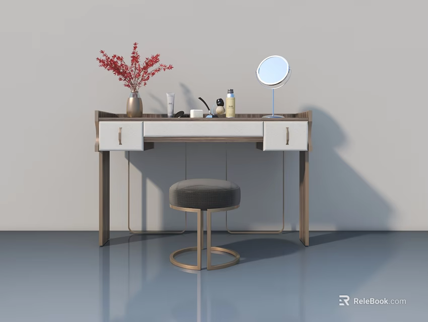 Hinged Door Dressing Table With White Countertop Drawers Mirror And Stool 3d model 